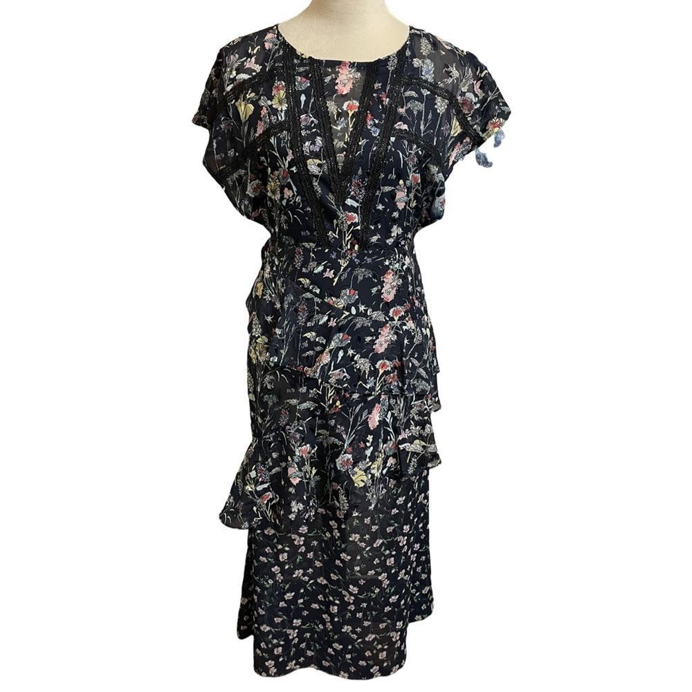 Anthropologie Foxiedox “Carolina” Navy Blue Floral Layered Semi-Sheer Midi (2) - Picture 3 of 16